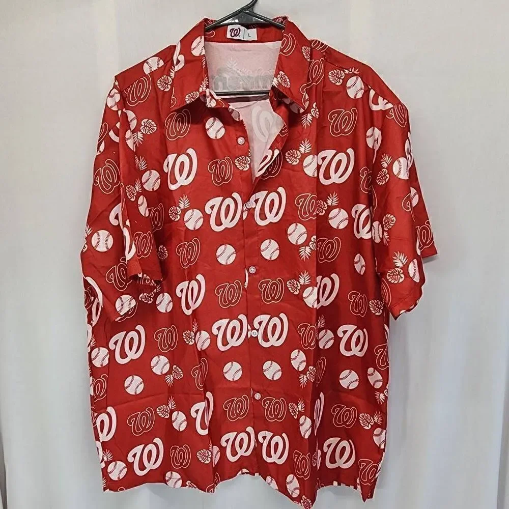 Masn mens Washington Nationals Button up Shirt red white size L